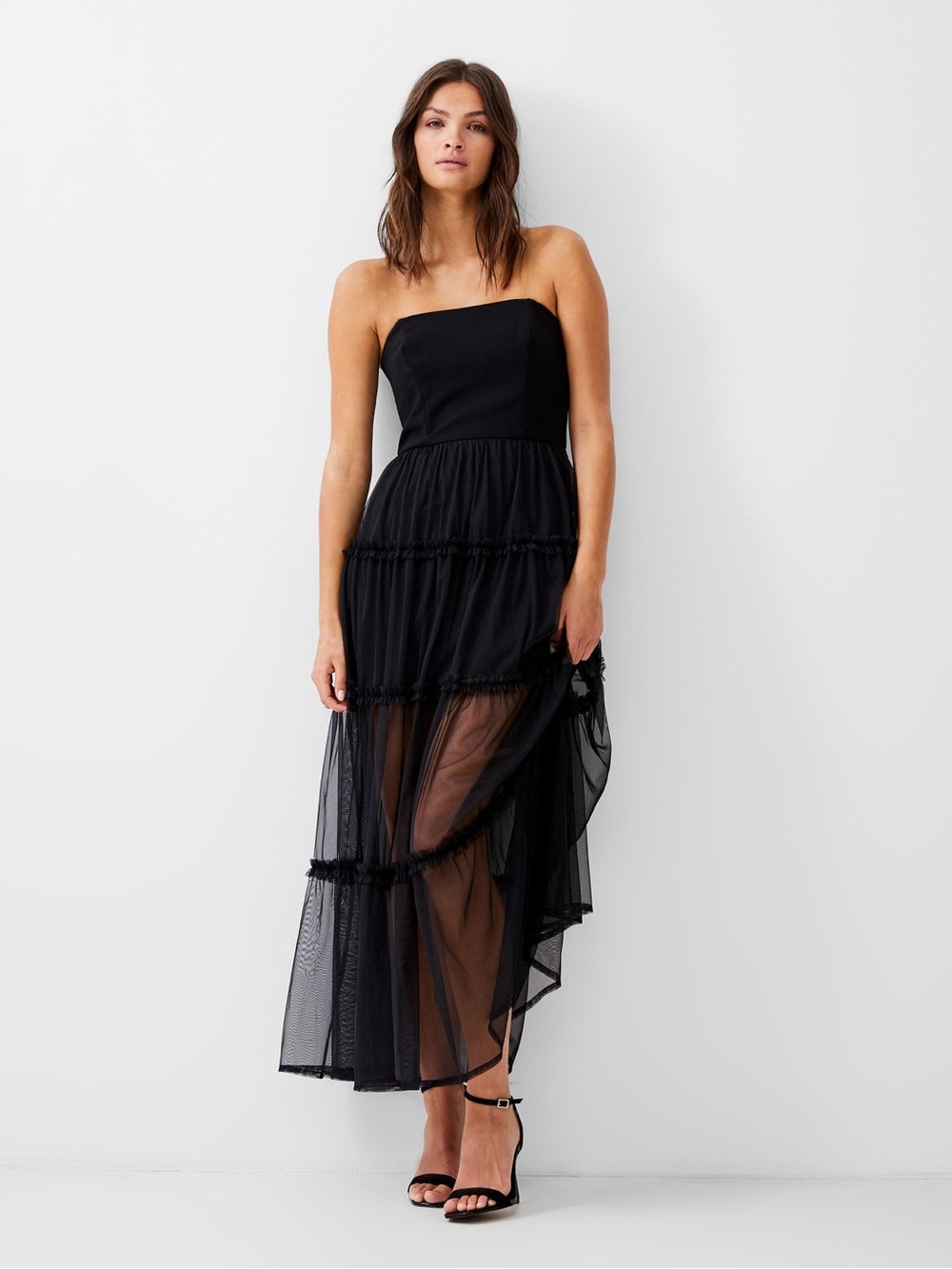 Stunning Strapless/straped Black Tiered Mesh Maxi Dress size 4 nwt